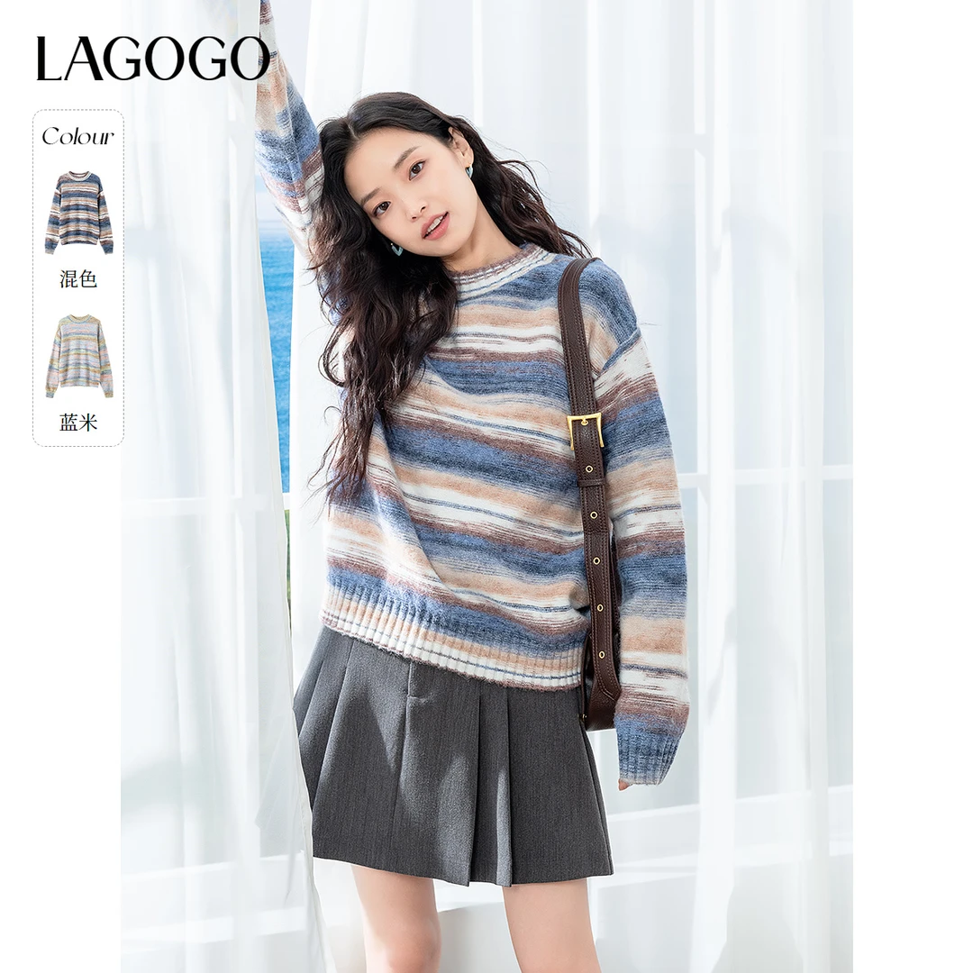 lagogo新款软糯舒适打底条纹针织衫女NCMM429G51