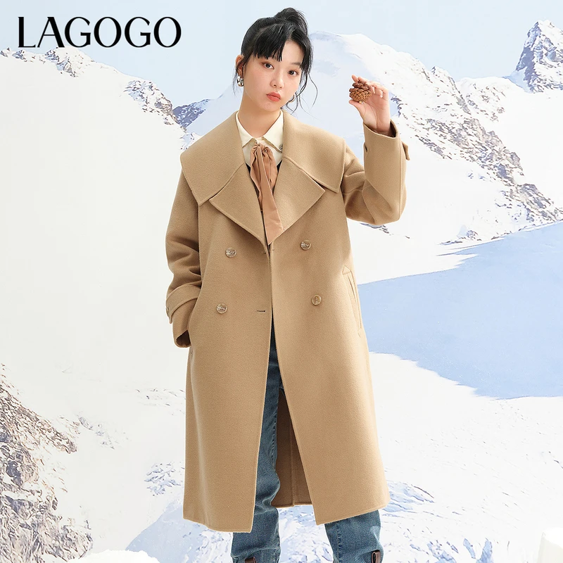【陈大可】Lagogo翻领双排扣口袋中长款大衣女LCDD339G32