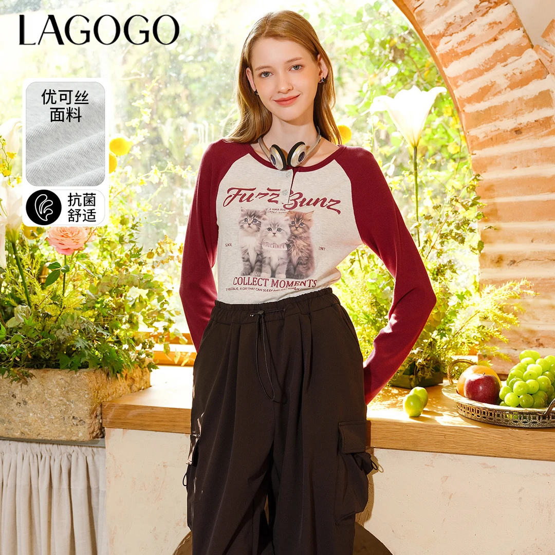 【重百优选】lagogo新款美式弹力可爱猫猫T恤女NATT511G04