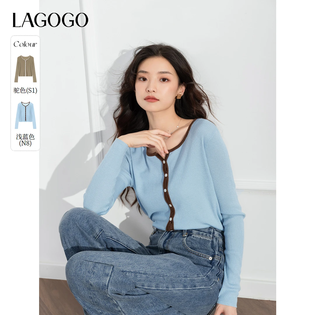 【大瑶】lagogo新款弹力舒适圆领撞色针织衫女NCMM837G19