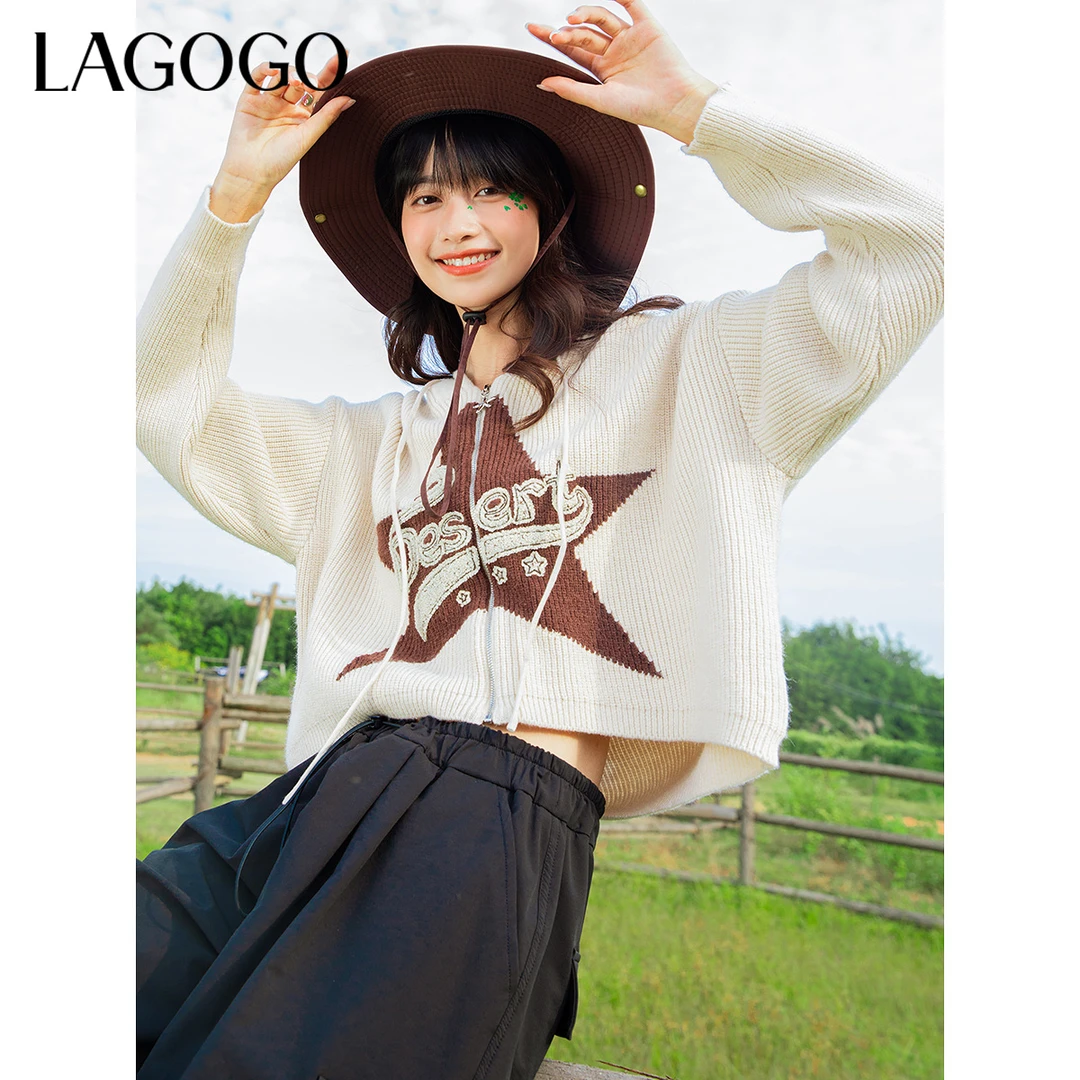 【芋总专属】lagogo新款可爱星星弹力舒适连帽针织女NAMM811G75