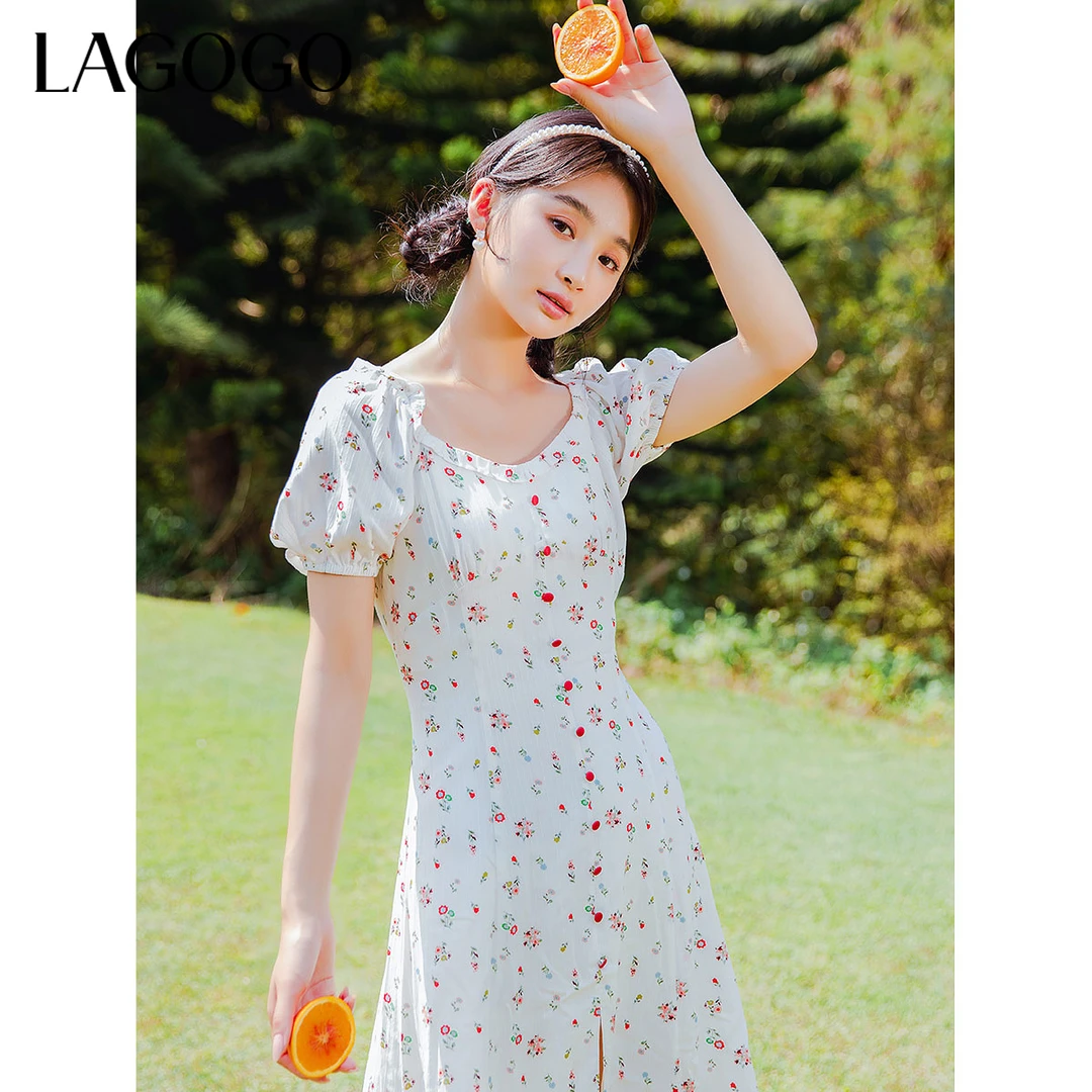 【李易行】lagogo新款方领高腰A字碎花连衣裙女MALL305G50