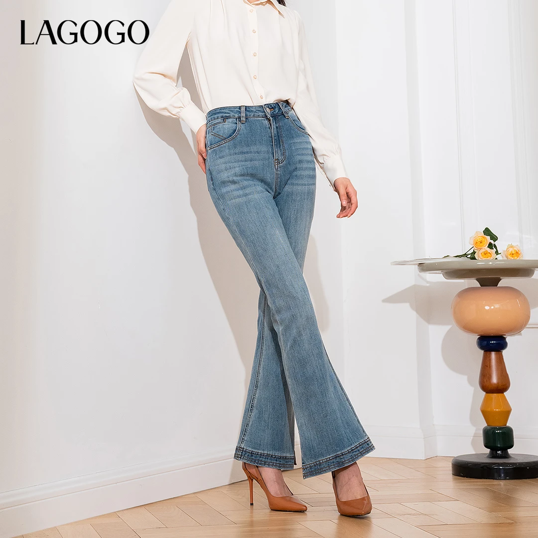 【陈大可】lagogo新款高腰舒适开叉百搭喇叭裤女NCNN537G05