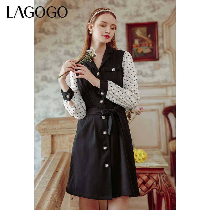 Lagogo撞色拼接连衣裙女LCLL457G48教师面试连衣裙