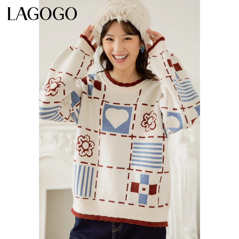 Lagogo新款圆领撞色图案套头针织衫女LCMM449G99毛衣