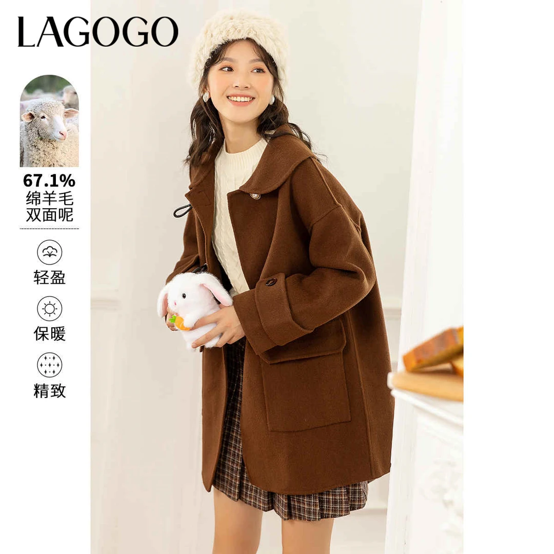 Lagogo2022新款小翻领单排扣中长款大衣女LCDD23YG38