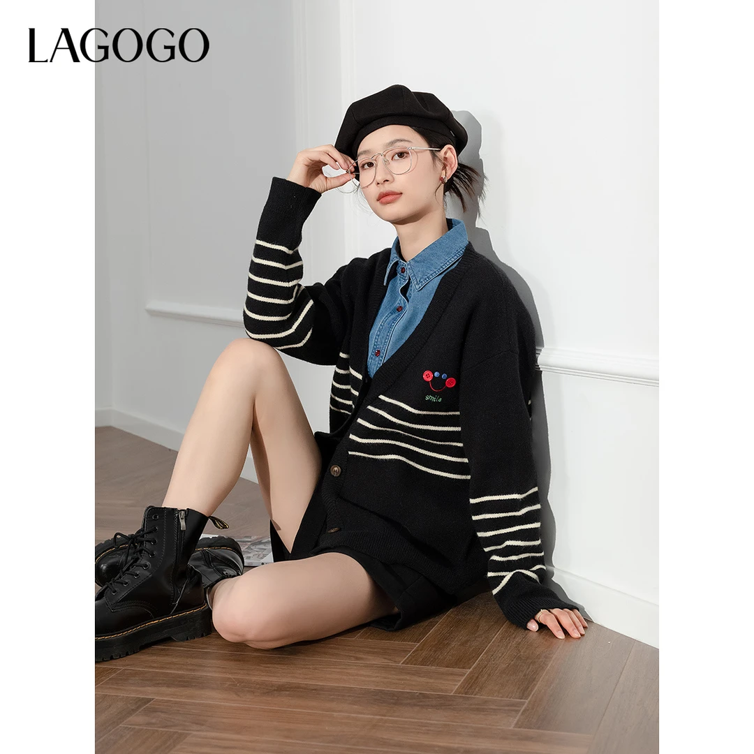 【芋总专属】lagogo新款简约条纹V领针织开衫女NCMM827G02