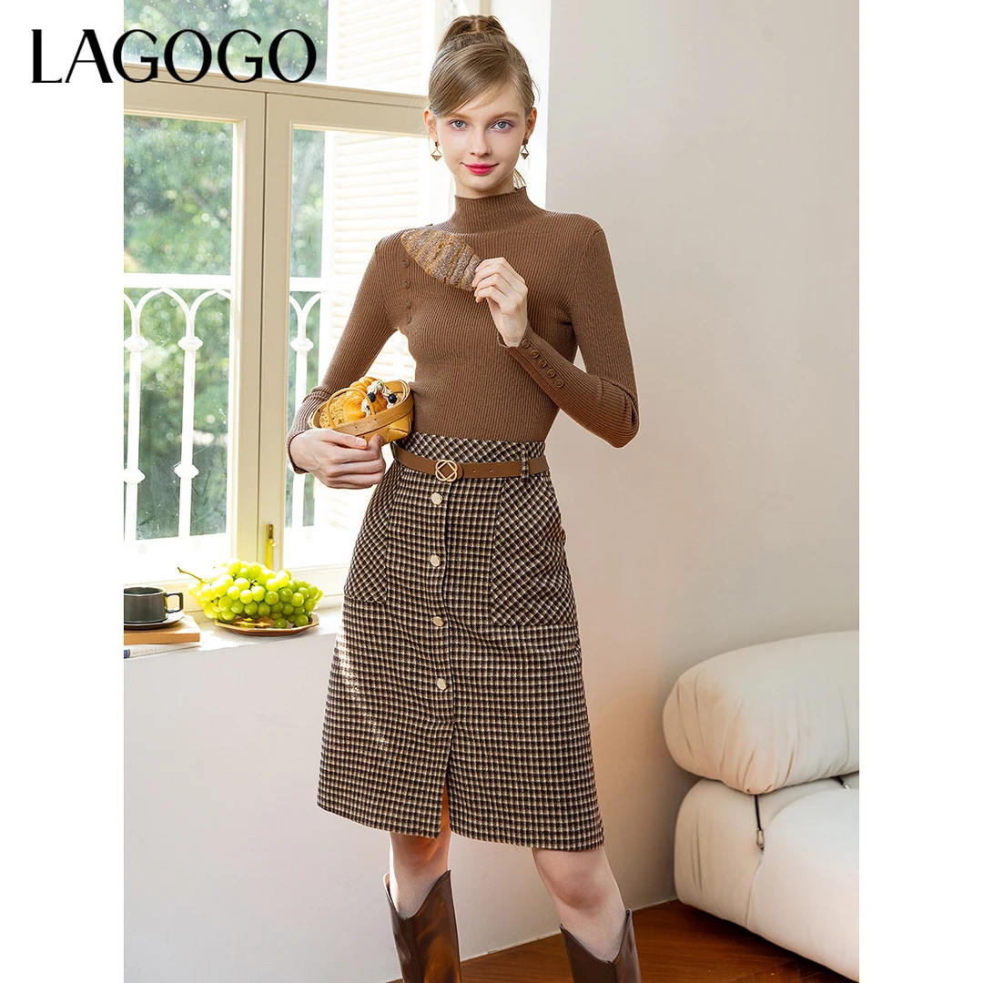 【lagogo】Lagogo新款带腰带格子复古百搭半裙女MCBB24XG97