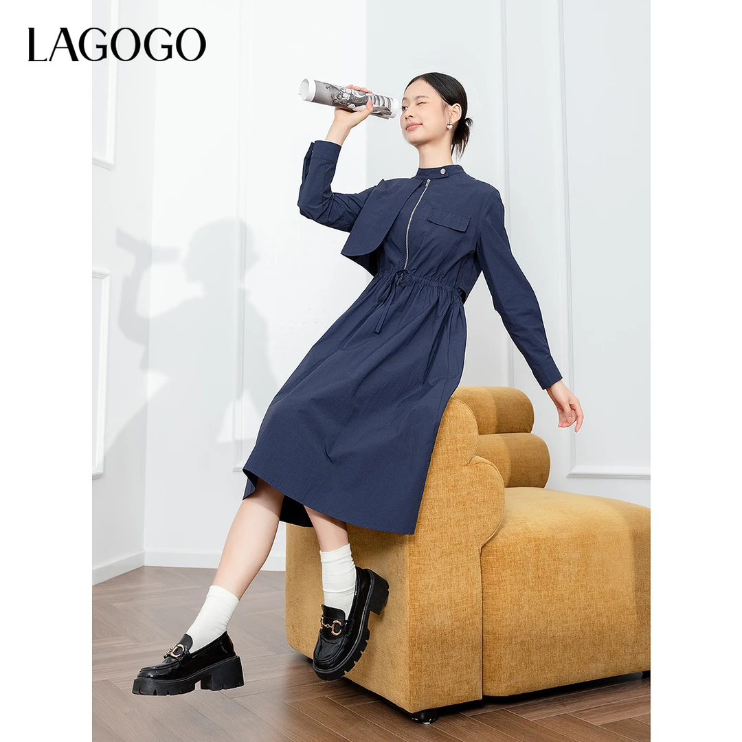 lagogo新款立领抽绳收腰通勤连衣裙女NCLL437WK3