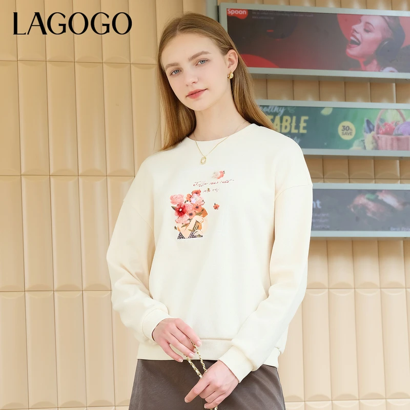 【高高专属】lagogo新款精致钉珠慵懒舒适落肩卫衣女MCEE417G28