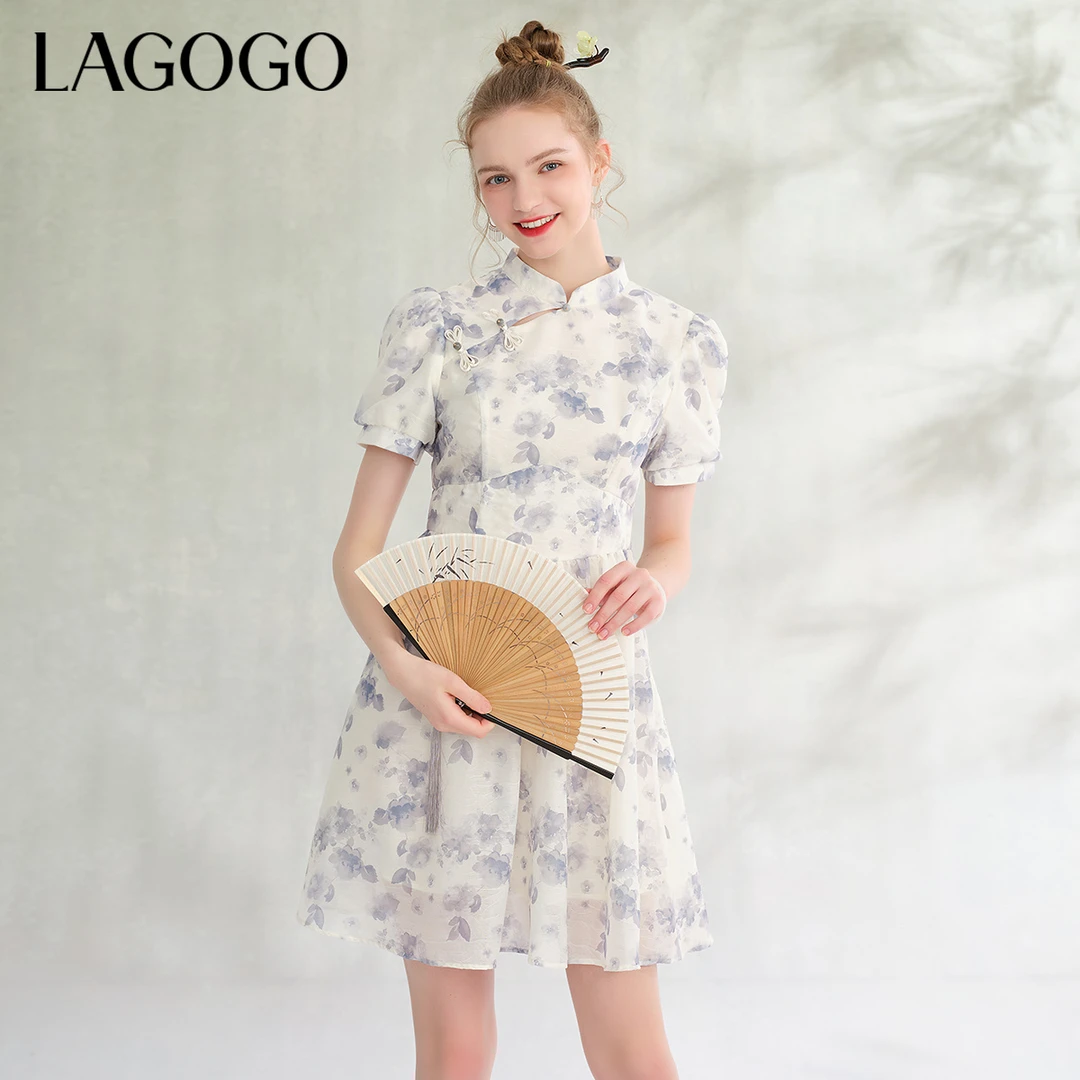 3017【金拐子专属】lagogo新款中式水墨印花蝴蝶结裙子女NALL303G10