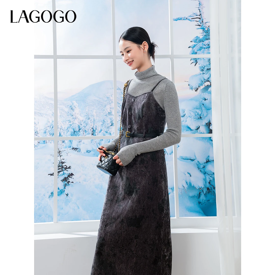 【lagogo】lagogo新款V领收腰显瘦丝绒吊带裙女NCLL139G36