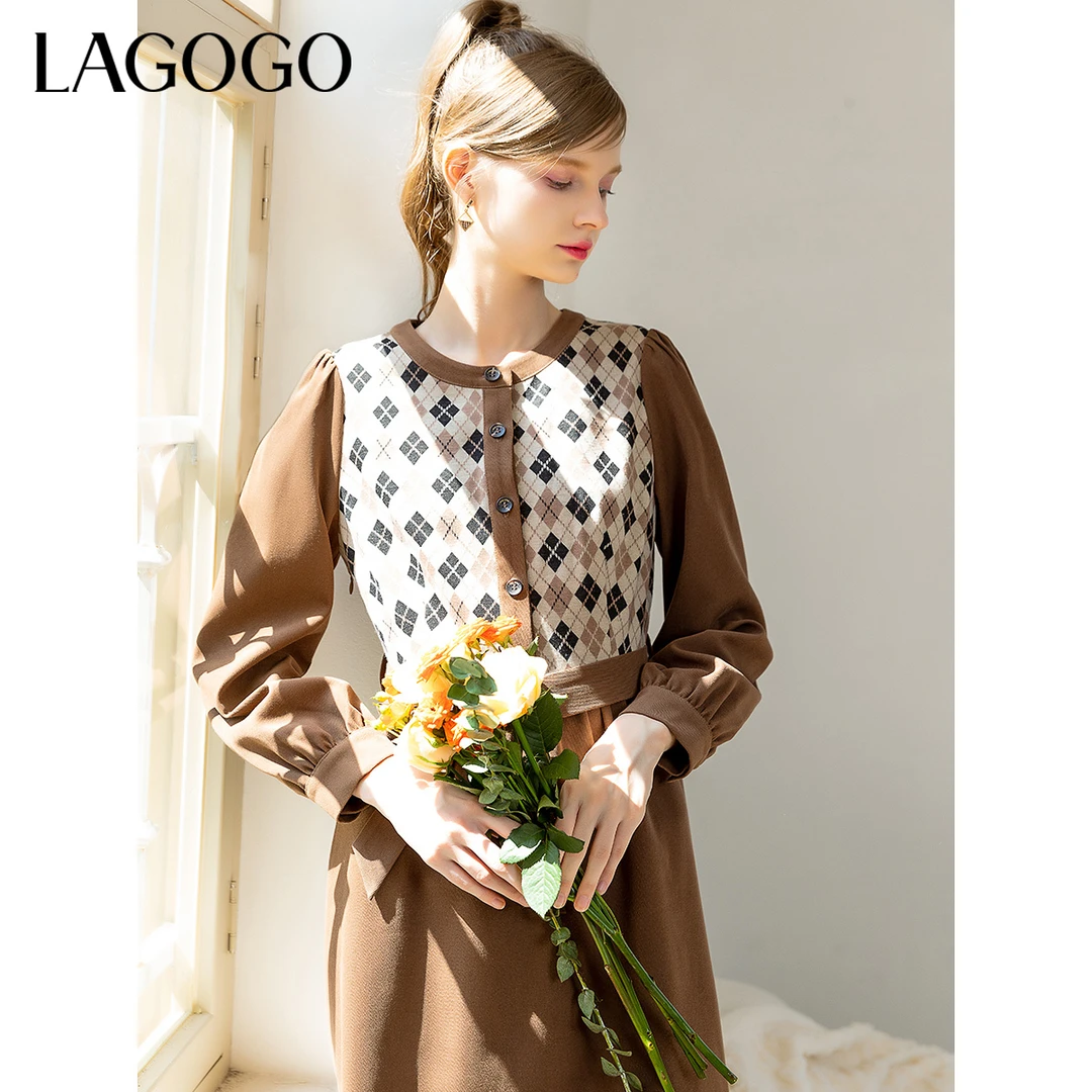 【陈大可】Lagogo新款复古格子收腰显白连衣裙女MCLL45ZG31