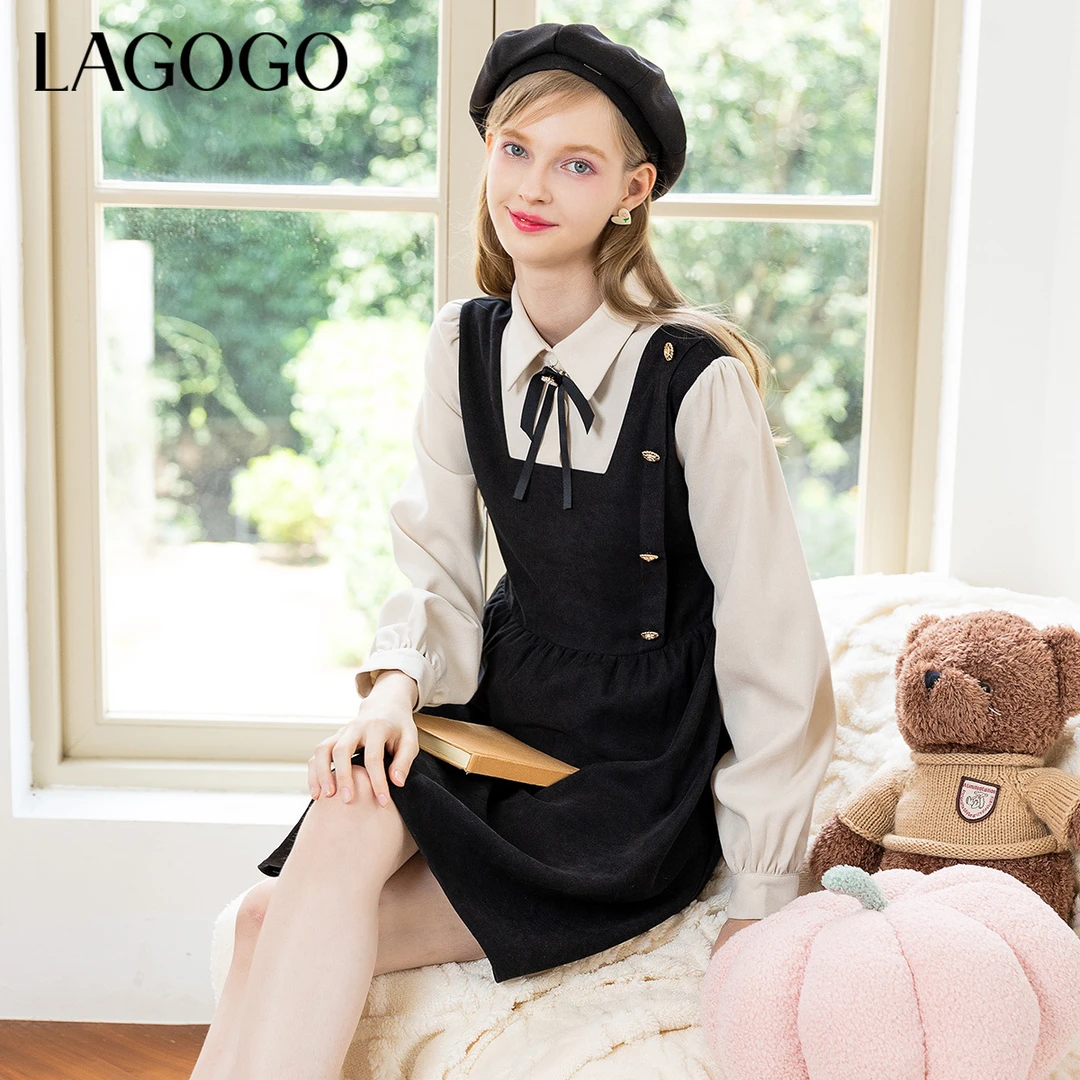 【陈大可】Lagogo新款可爱蝴蝶结拼接优雅连衣裙女MCLL45ZG20
