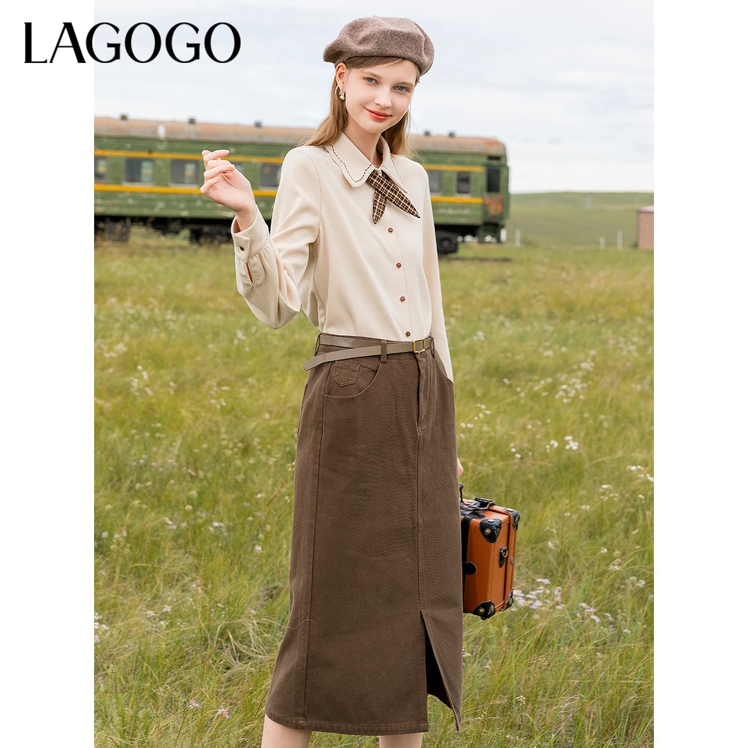 【陈大可】Lagogo精致腰带开叉百搭复古半裙女MCBB23YG51