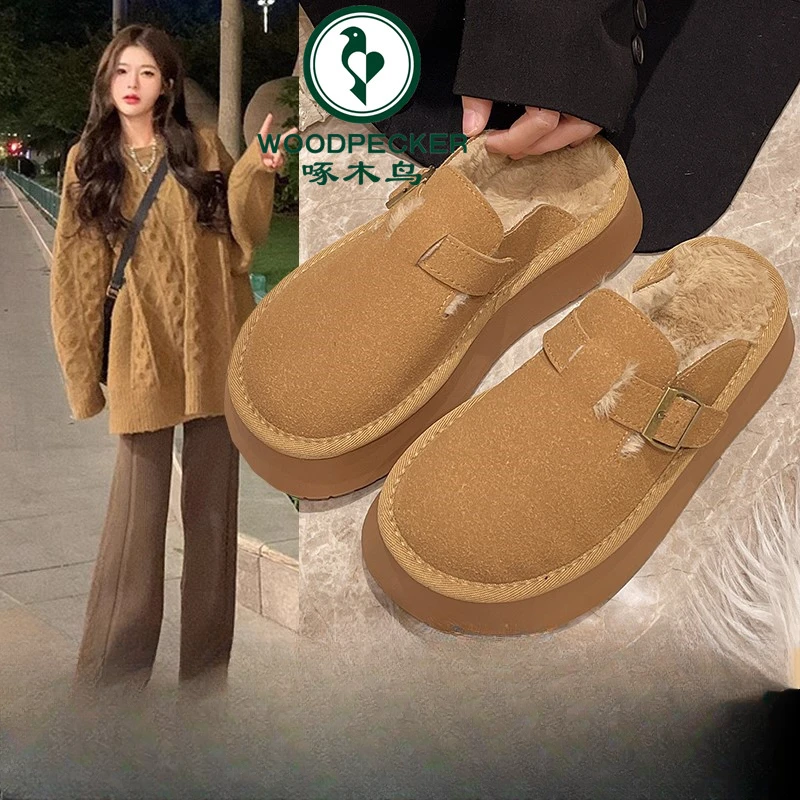 啄木鸟厚底勃肯鞋毛毛拖鞋女外穿2024秋冬季一脚蹬雪地靴博肯棉拖