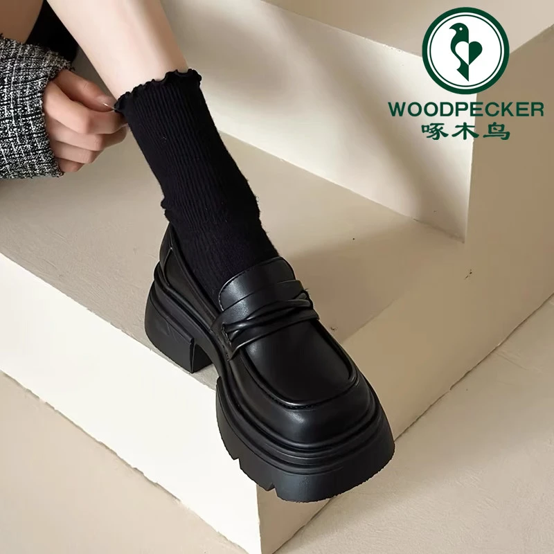 啄木鸟厚底乐福鞋女2024新款秋季爆款英伦风黑色百搭小皮鞋jk单鞋