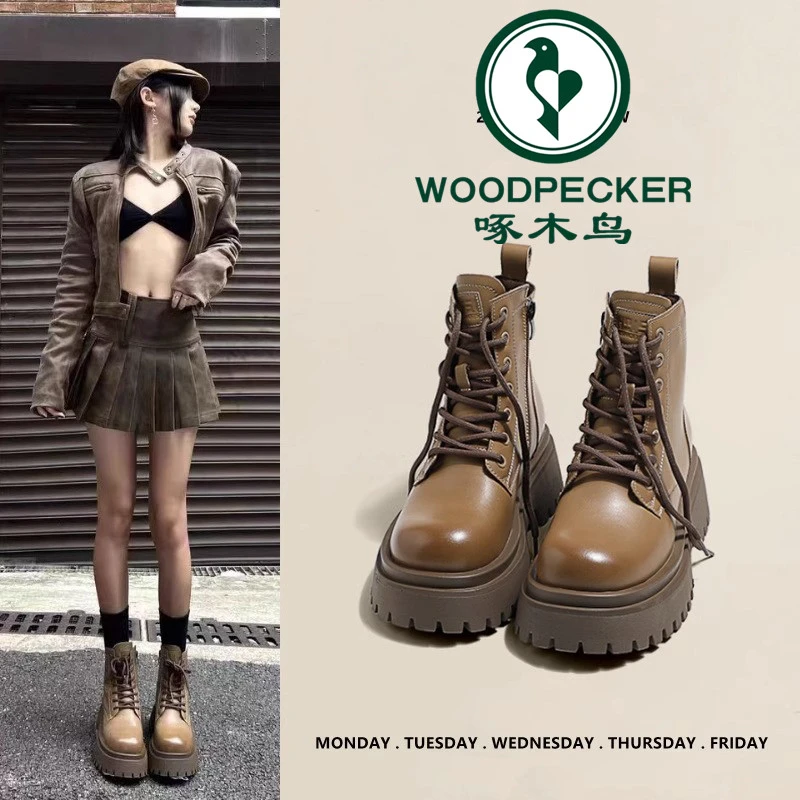 啄木鸟马丁靴女英伦风2025年秋冬季新款单靴厚底增高大棉厚绒短靴