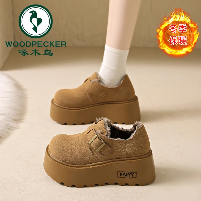 啄木鸟厚底增高勃肯鞋2024年新款冬季小个子乐福鞋雪地靴毛毛棉鞋