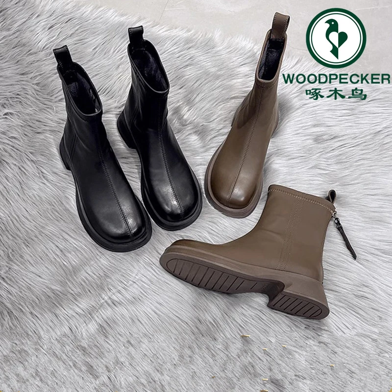 啄木鸟马丁靴女2024新款秋冬加绒短靴厚底英伦风切尔西瘦瘦靴单靴
