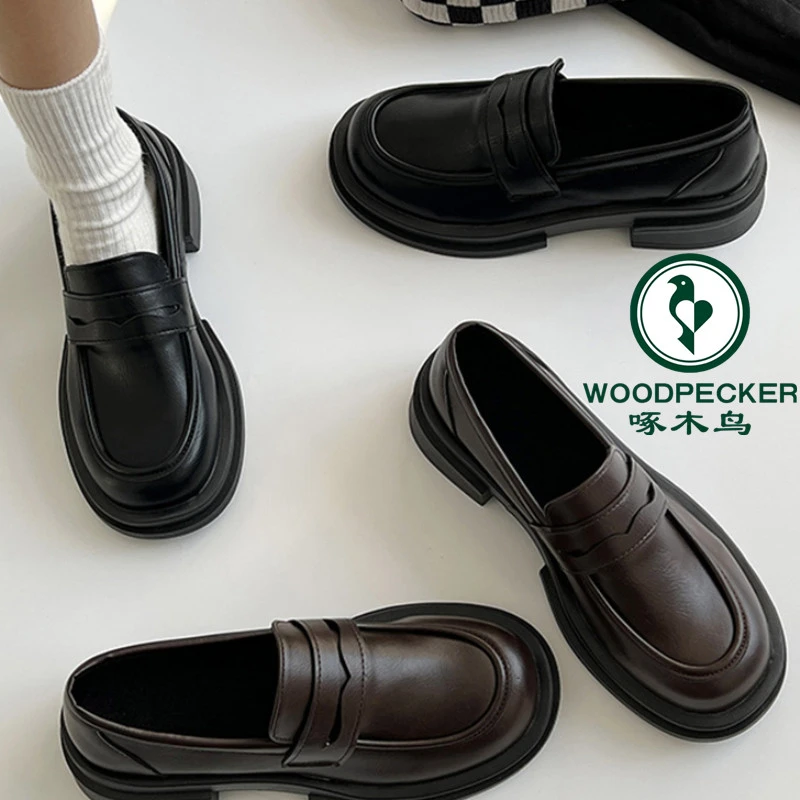 啄木鸟日系小皮鞋女2024秋新款英伦风厚底乐福鞋一脚蹬jk制服单鞋