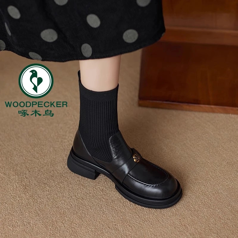 啄木鸟英伦风山茶花中跟圆头短靴女秋冬针织毛线筒袜靴弹力瘦瘦靴