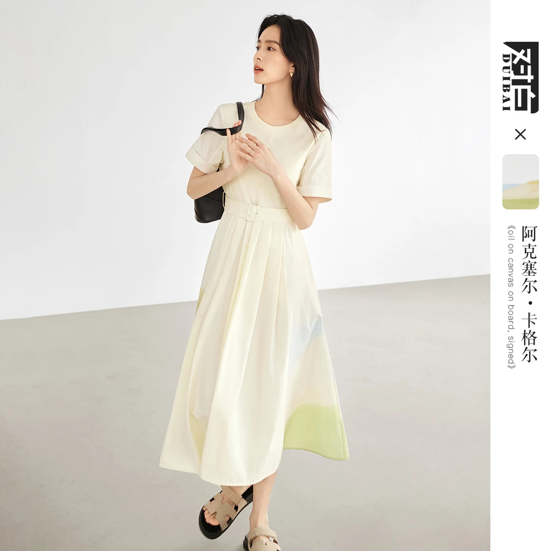 对白艺术画作联名肌理感印花拼接连衣裙女2025夏新款通勤A字长裙