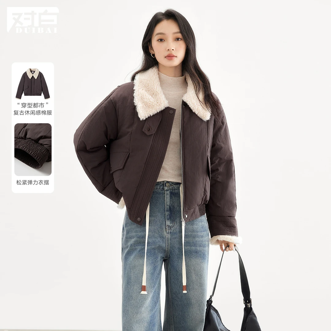 对白复古拼接仿羊羔毛短款棉服女2024冬季新款加厚保暖雅丹风外套