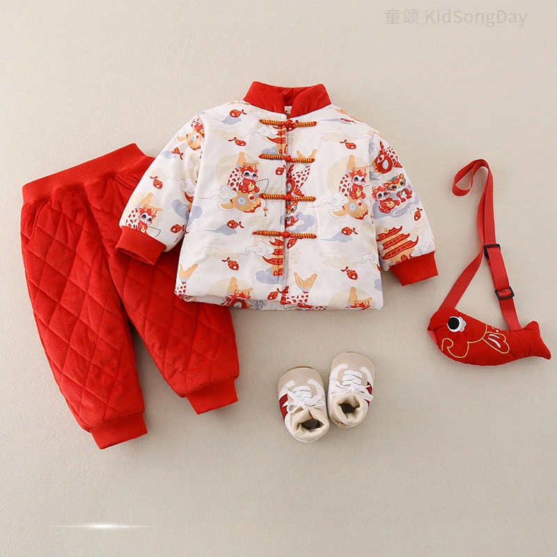 男童套装秋冬装周岁礼服儿童加绒夹棉棉服宝宝衣服冬季过年拜年服