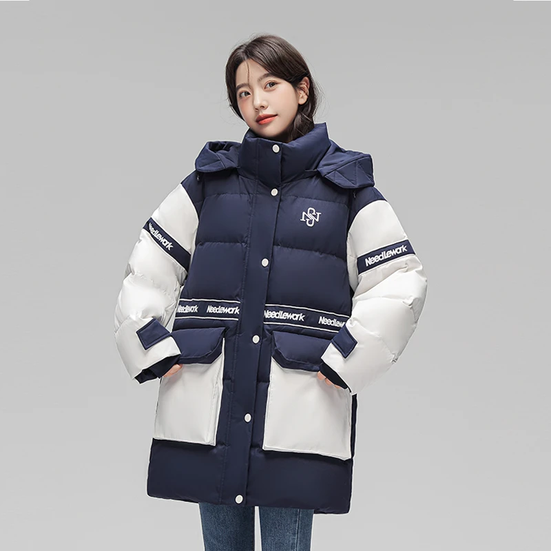 YAYA/鸭鸭新款加厚羽绒服女中长款鹅绒撞色拼接潮流时尚外套连帽