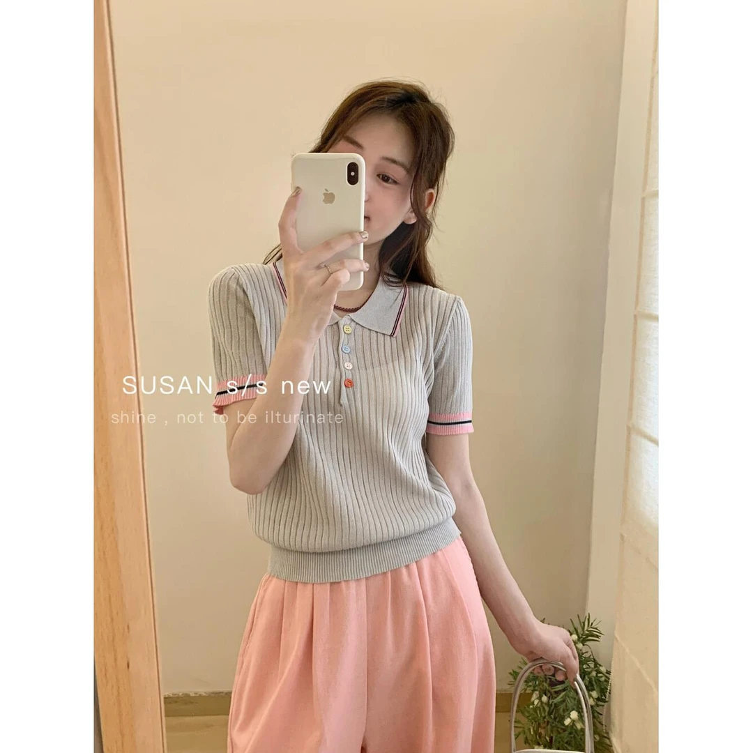 SUSAN韩系撞色冰丝彩扣Polo领短袖针织衫女夏季新款显瘦短款上衣