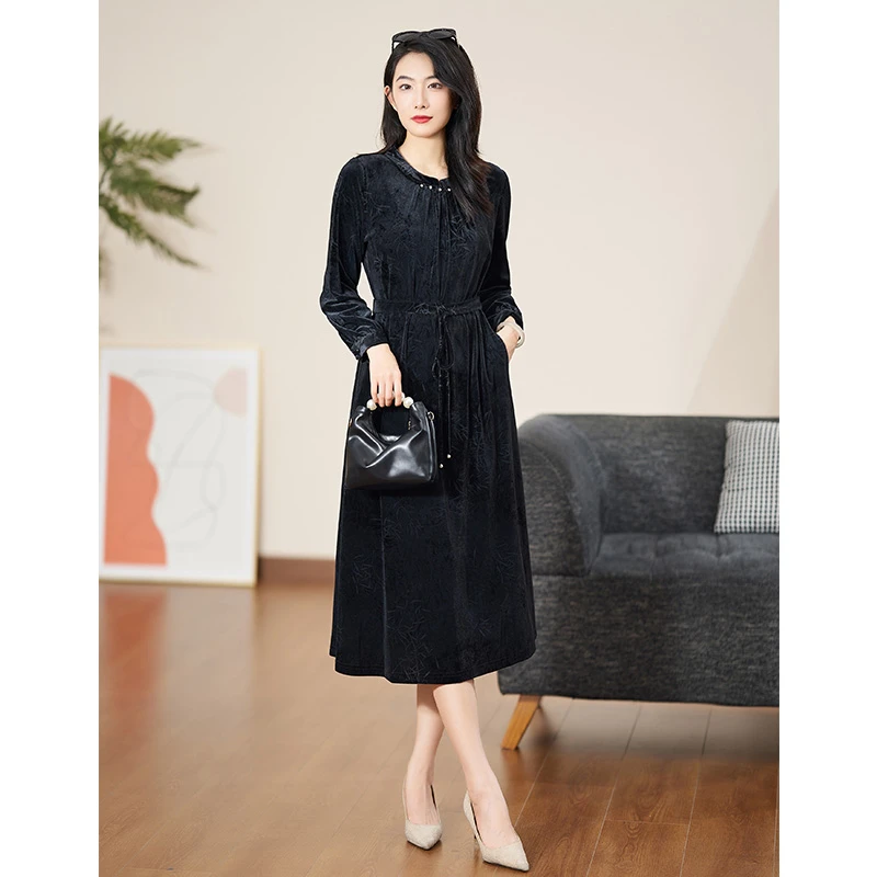 迪欧芙202秋冬季新款黑色圆领连衣裙纯色显瘦妈妈装裙子#QLQ87088