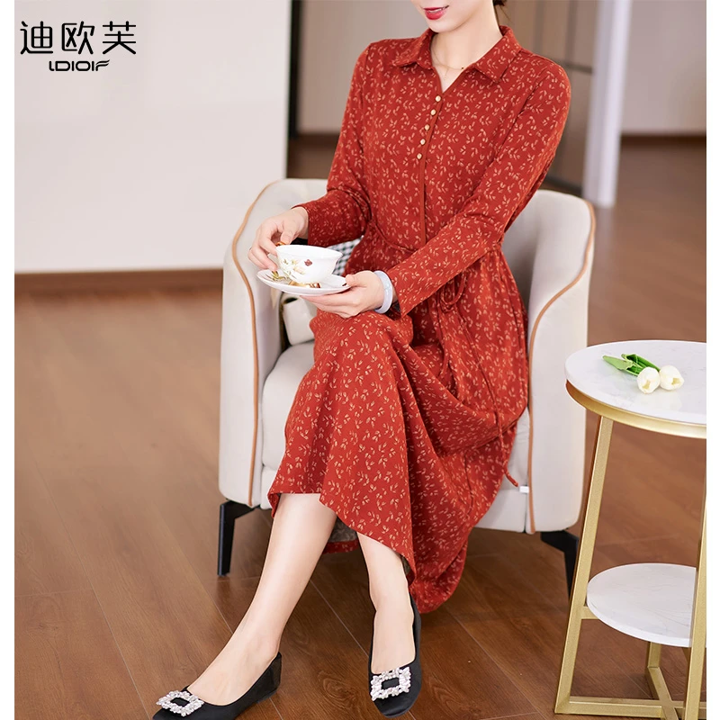 迪欧芙2023秋季新款时尚气质名媛翻领红色长袖女连衣裙#QLQ15406