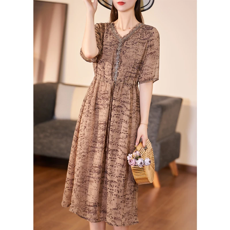 迪欧芙2023夏季新款阔太太气质显瘦复古长款短袖连衣裙#XLQ24980