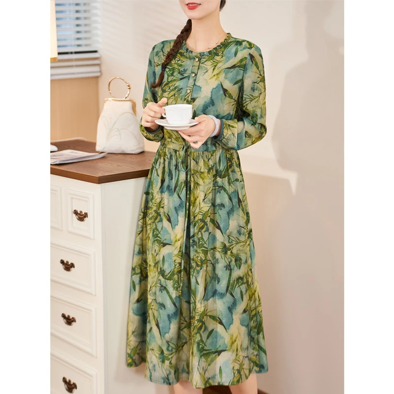 迪欧芙木耳领新款气质2024优雅国风裙初春长袖女连衣裙#QLQ25433