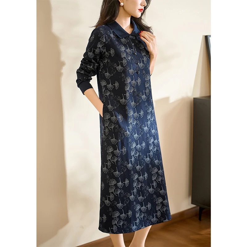 迪欧芙2024新款蓝色休闲印花精致贵气长袖女装连衣裙#QLQ17455