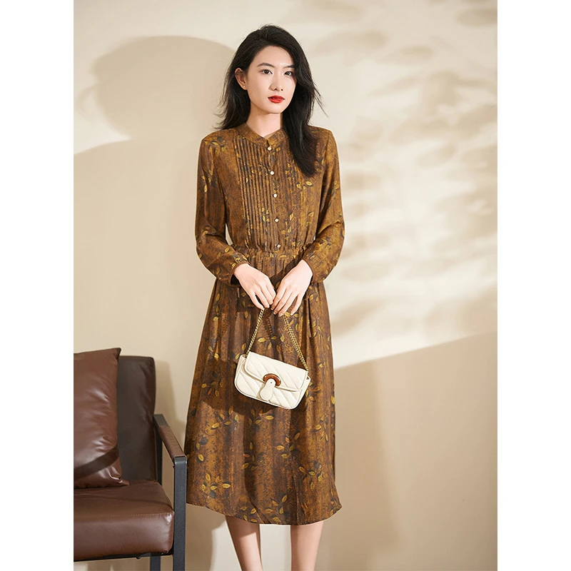 迪欧芙花色优雅云锦连衣裙2025秋季新款百搭显瘦裙子女#QLQ17245