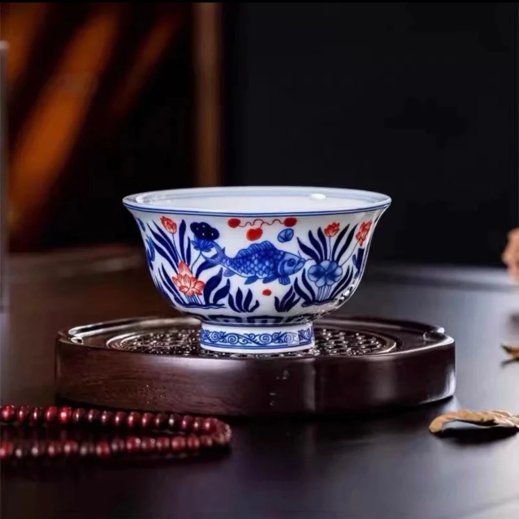 景德镇青花鱼藻纹压手杯陶瓷手工仿古单杯个人专用主人杯高档茶杯