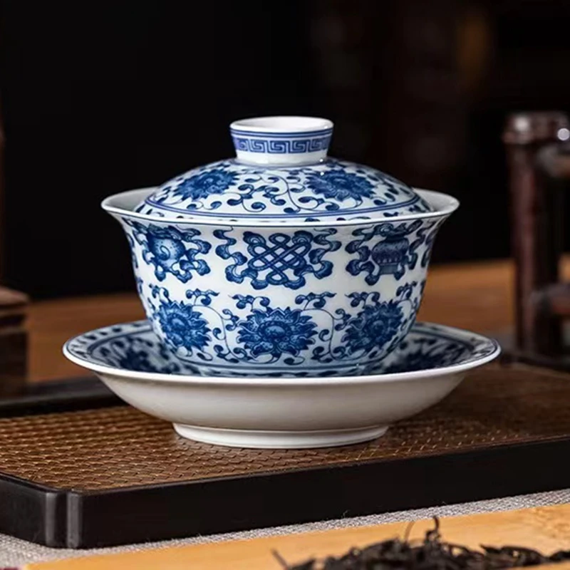 景德镇白瓷陶瓷茶具茶盖碗手工八宝缠枝莲青花茶杯三才盖碗釉下彩