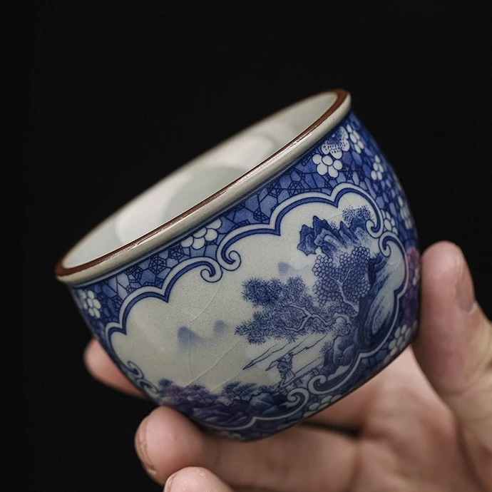 景德镇手工茶具青花釉下彩老陶泥冰梅家用山水主人杯缸杯品茗杯