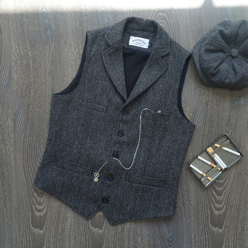 秋冬粗花重磅美式复古人字纹阿美咔叽工装谢尔比同款猎装羊毛马甲