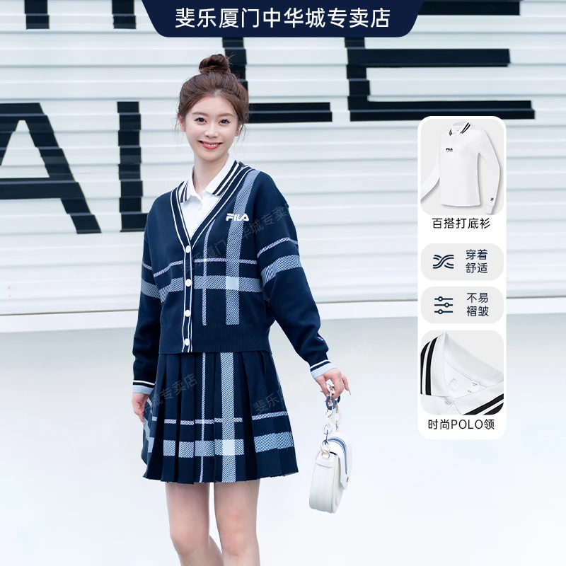 FILA斐乐女装长袖POLO衫2023秋季新款休闲简约网球针织翻领上衣女
