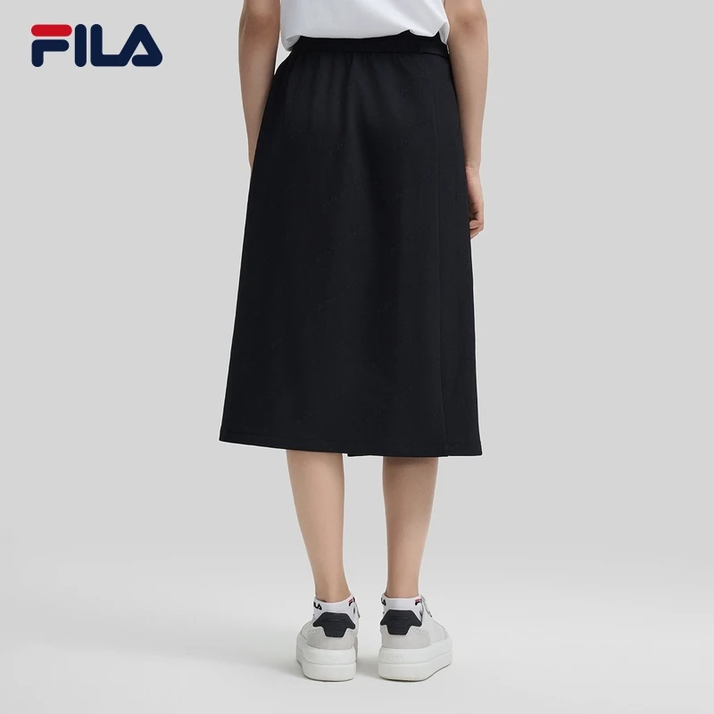 FILA斐乐显瘦时尚夏季黑色中长款A字高腰不规则针织裙F11W434307F