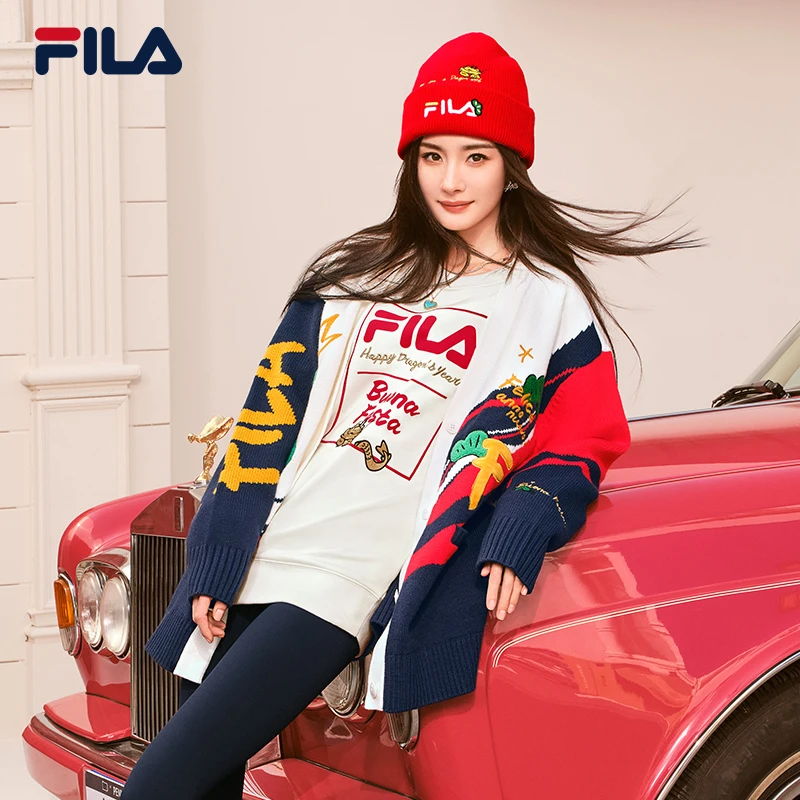 【龙年限定】FILA斐乐女装|杨幂同款新年红色编织衫春季时尚V领外套