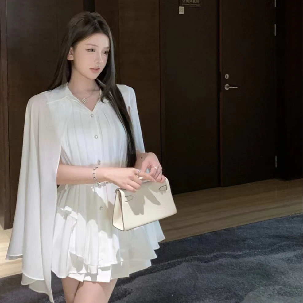夏季新款白色斗篷披肩雪纺衬衫女设计感收腰衬衣含腰带