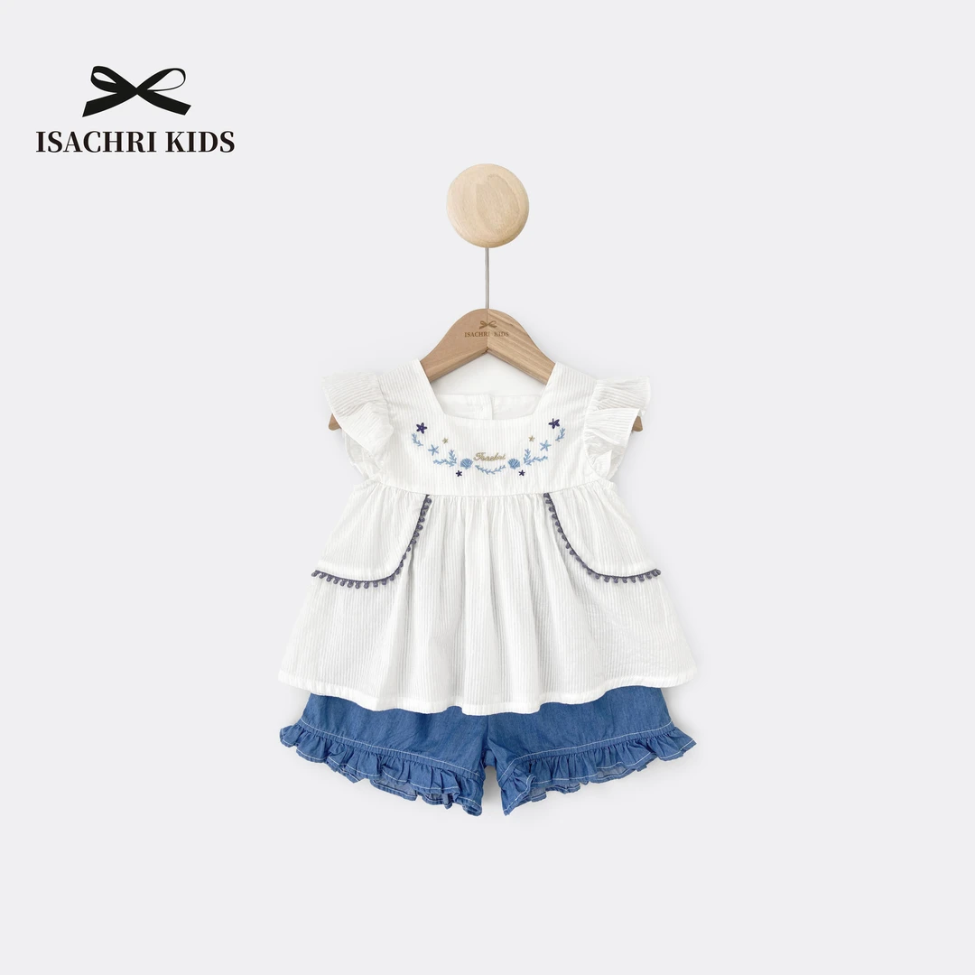 【1月14日反季清】贝壳朵朵 可爱刺绣短袖套装女童夏牛仔 IS023