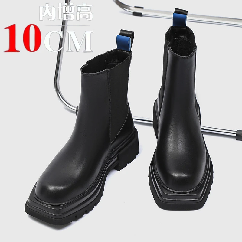 切尔西靴男真皮秋冬百搭英伦风马丁靴男情侣款内增高10cm烟筒靴子