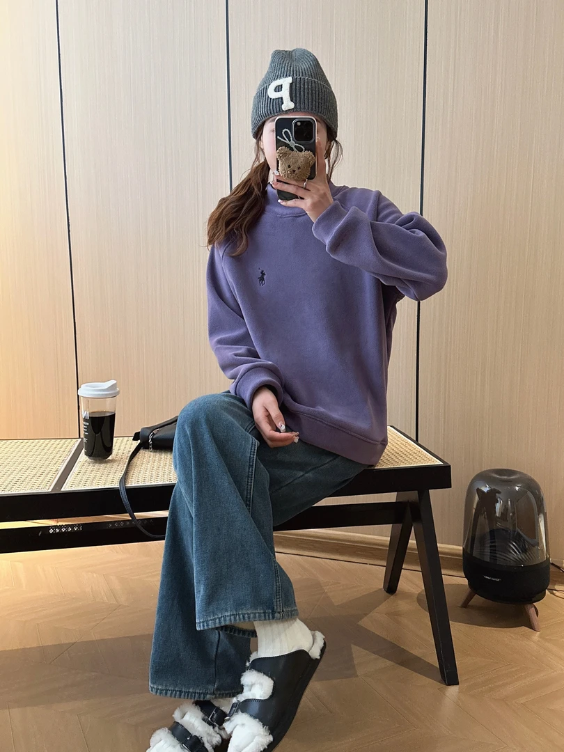 即墨时尚女半高领保暖百搭加厚韩版宽松小马刺绣双面绒套头长袖衫