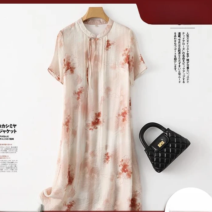 香云纱真丝连衣裙女新中式国风改良旗袍复古流苏印花桑蚕丝长裙子