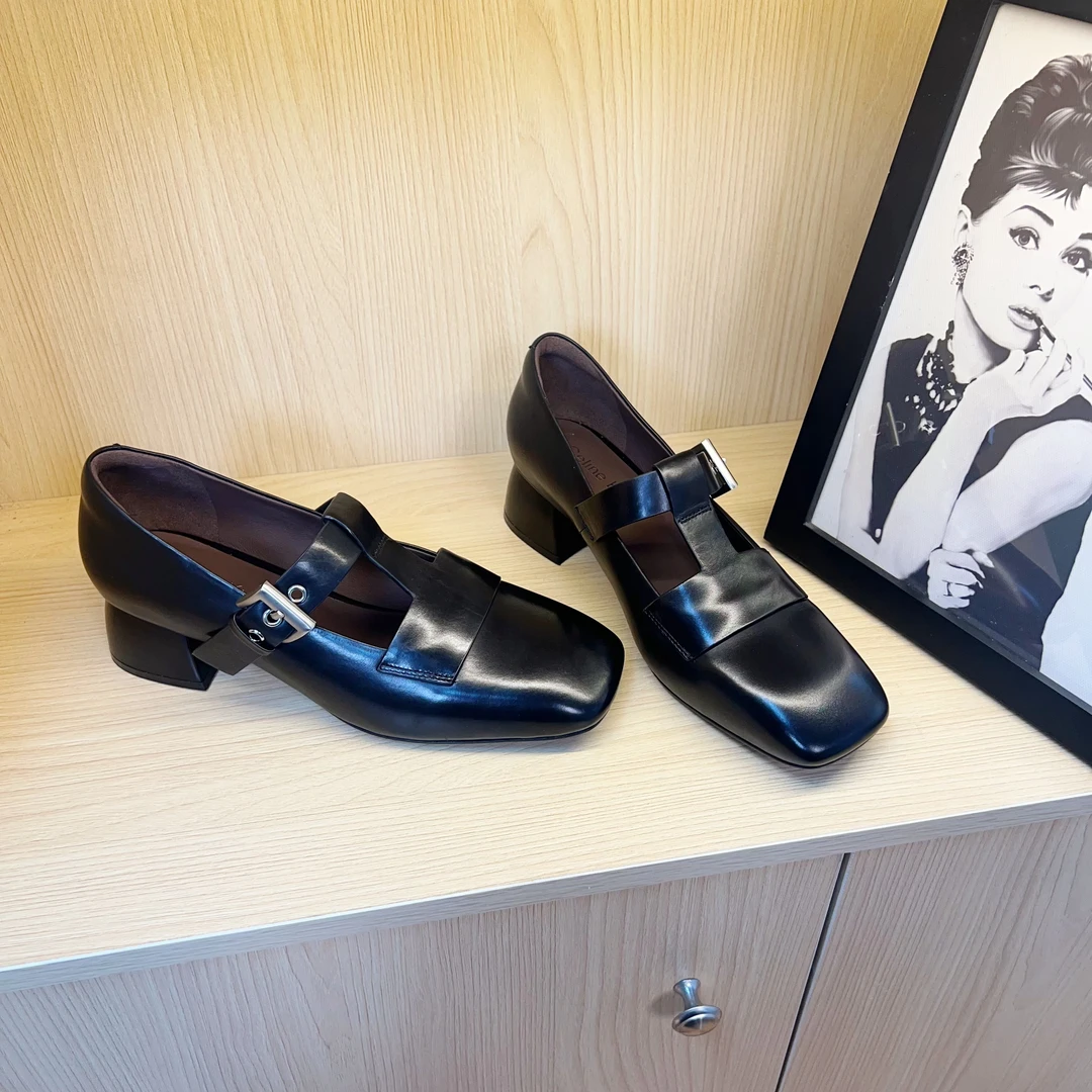 2025胎牛皮英伦风新款T字带粗跟浅口方头中跟真皮单鞋女跟鞋女士